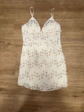 White Spaghetti Strap Mini Dress with Gold Floral Accents
